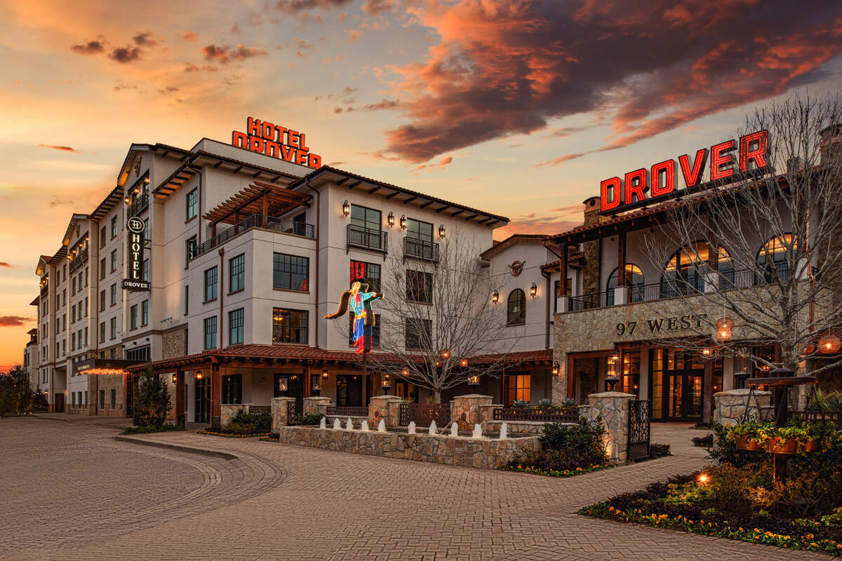View of the No. 1 favorite hotel in all of Dallas-Fort Worth, Hotel Drover located in Mule Alley of the Stockyards in Fort Worth.