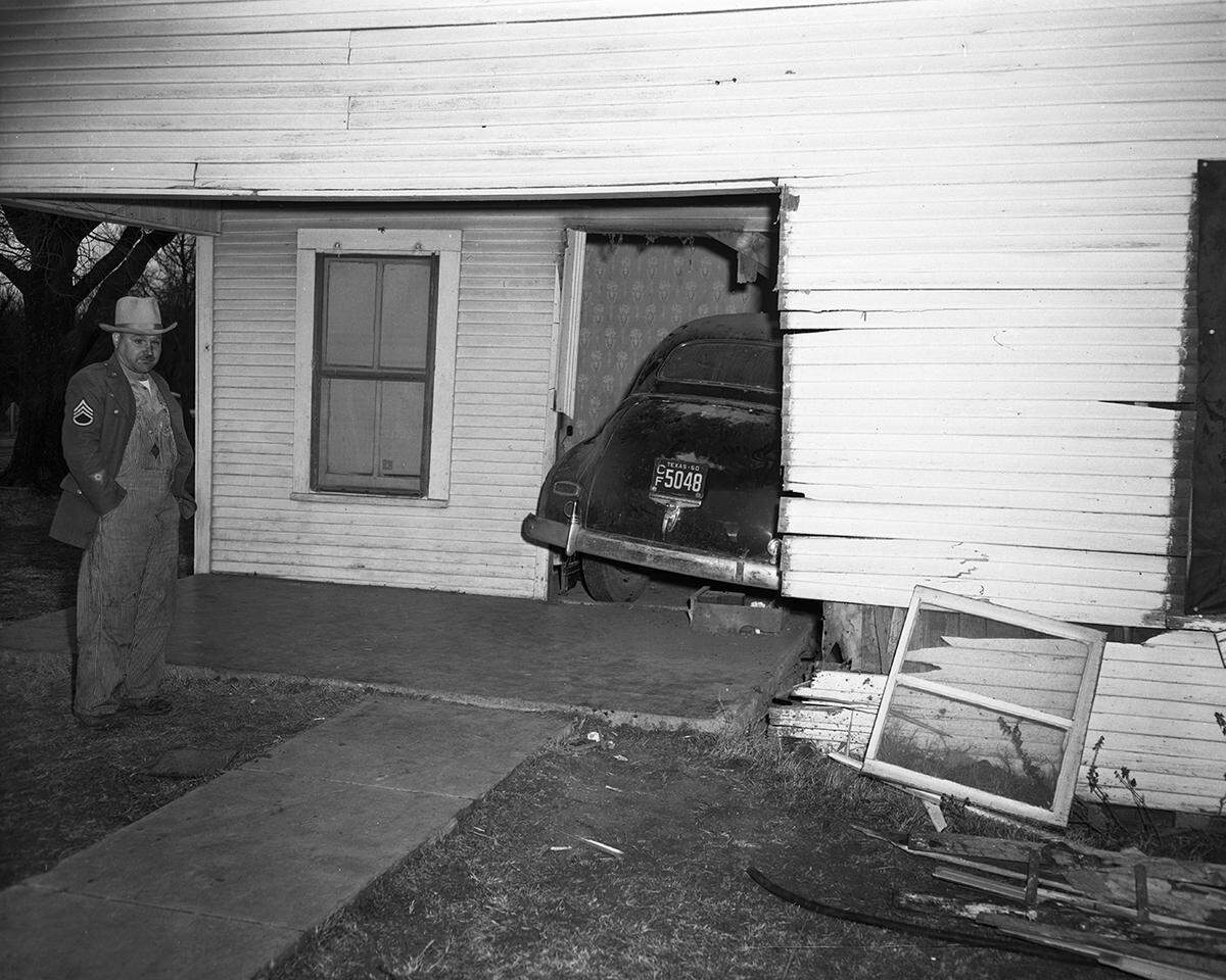 Jan. 14, 1951: Mr. and Mrs. Joe Hilliard of Grapevine got a surprise when Walter Kidd, 17, of Smithfield, failed to turn a corner and rammed his car through their front door and stepped out on the living room floor uninjured. The Hilliards were startled but not hurt.