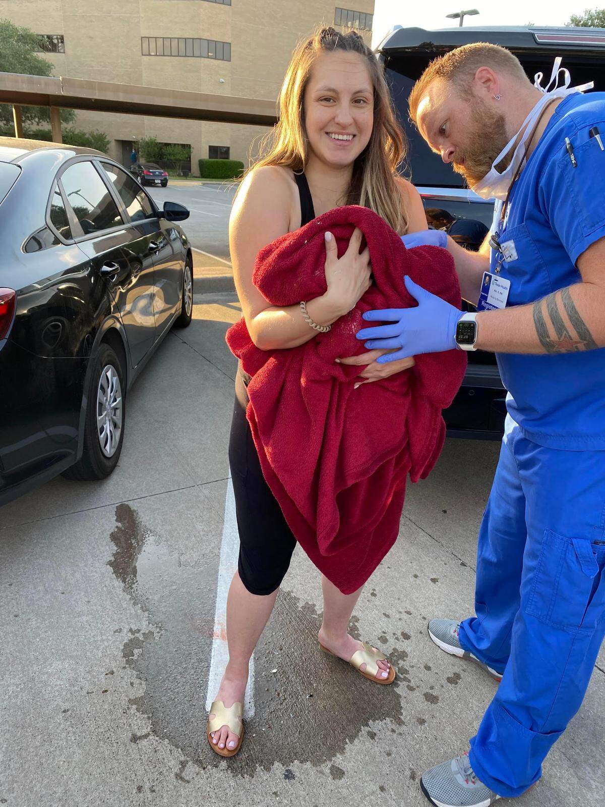 Andrea Ramirez gave birth in the parking lot of a Texas Health Resources hospital in Fort Worth on Friday the 13th. The baby came unexpectedly quickly and hospital staff rushed to the parking lot to help her after her husband helped deliver the baby.
