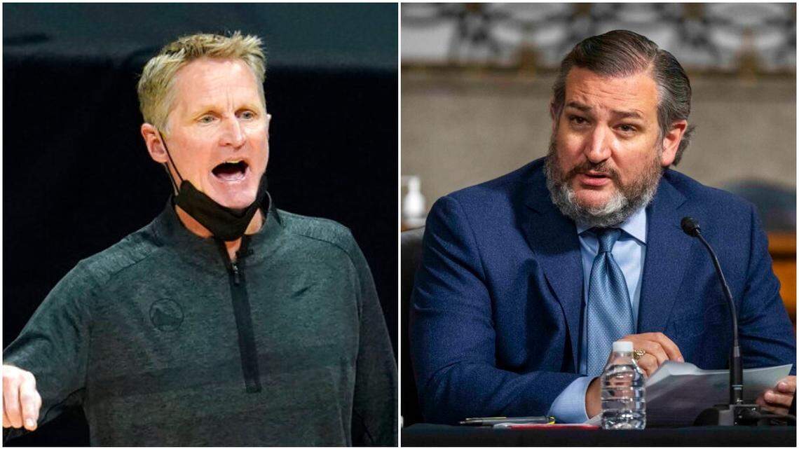 Golden State Warriors head coach Steve Kerr, left, called out Texas Sen. Ted Cruz on Tuesday after recent mass shootings in Atlanta and Boulder, Colorado.