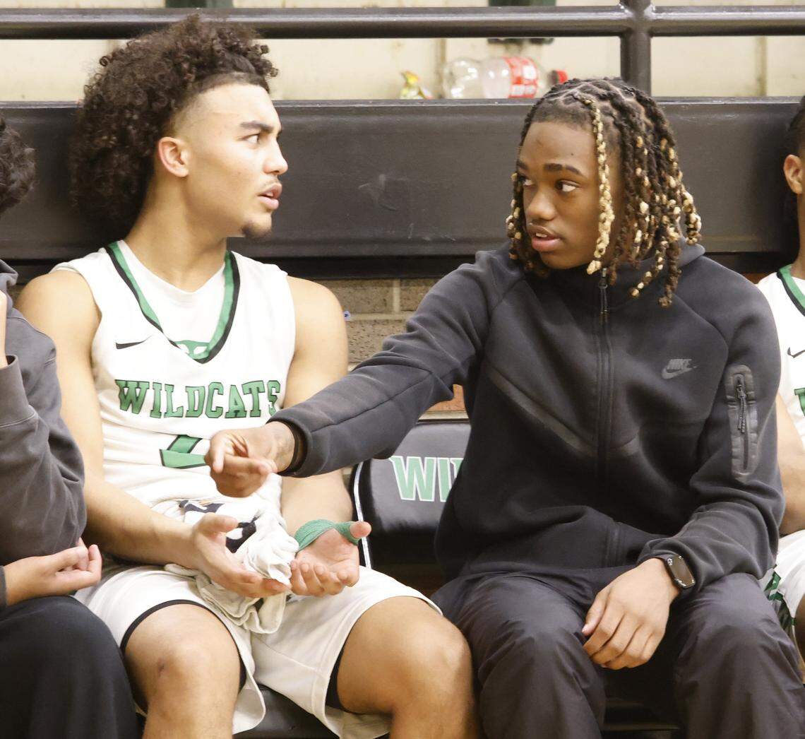 Kennedale guard Trey Smith (10) gestures to team mate guard Jayden Miller (20) during the first half of a UIL boys basketball game between Alvarado and Kennedale at Kennedale High School in Kennedale, Texas, Tuesday Jan. 13, 2026
