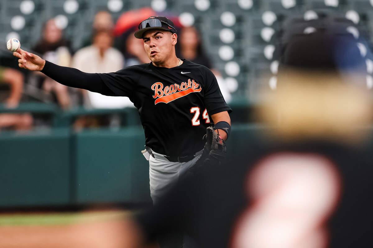 Aledo third baseman Dylan Duran (24) attempts to make a throw to first base against Montgomery Lake Creek in the UIL Class 5A Division I baseball state championship game on Friday, June 5, 2026, at Dell Diamond in Round Rock, Texas.