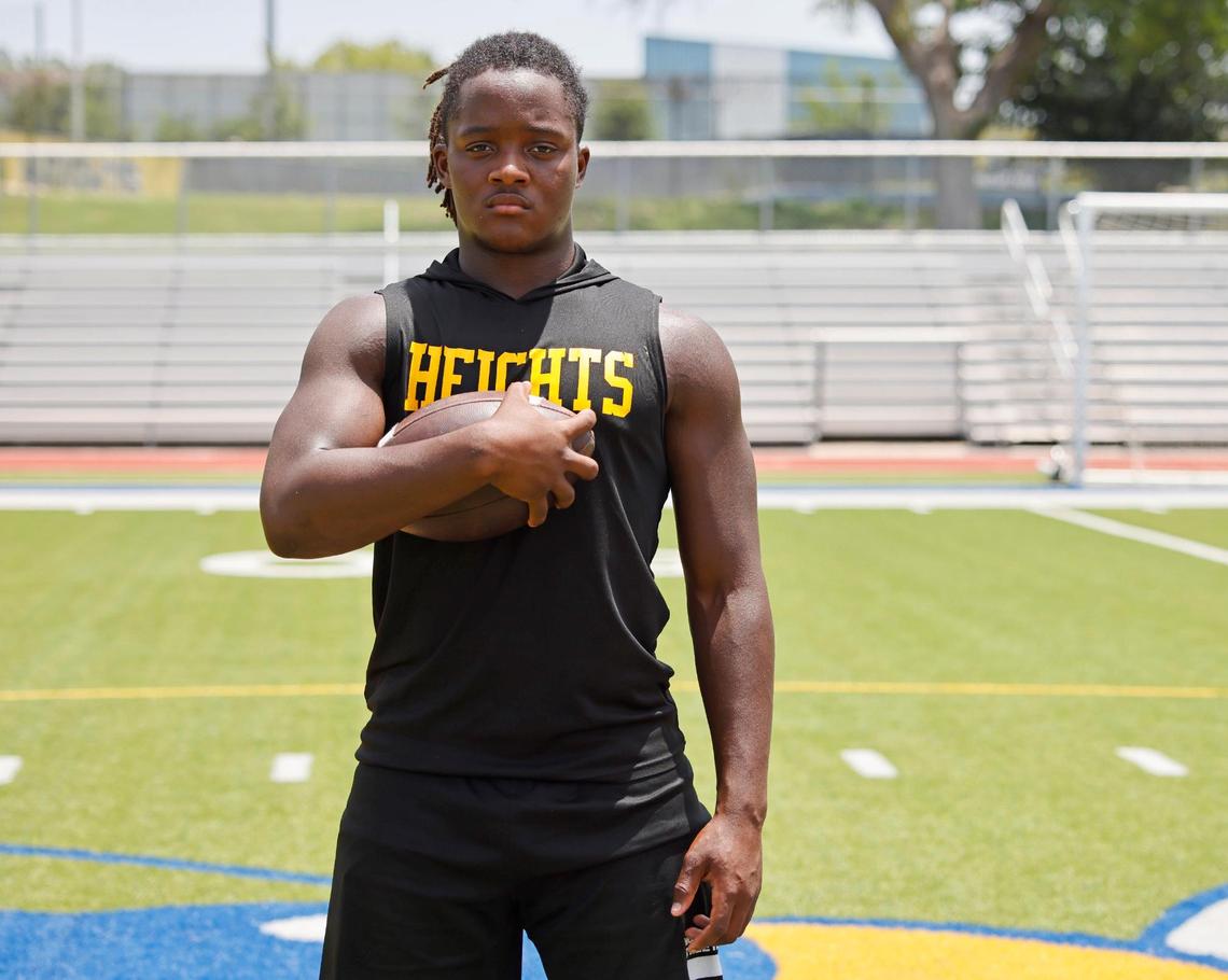 Arlington Heights running back Carson James at the schools football field in Fort Worth, Texas, Thursday July 17, 2025.