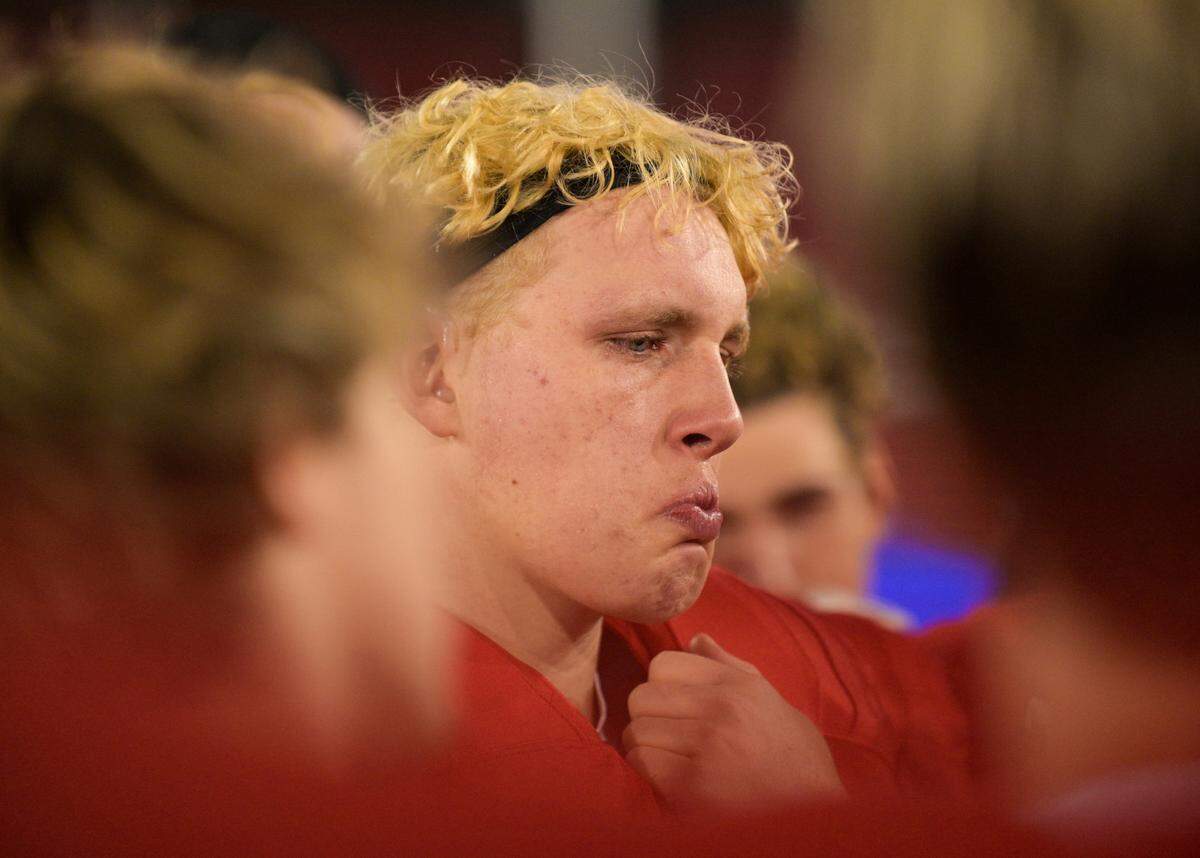 Argyle defensive linemen Greg Moeller (48) cries after losing to South Oak Cliff in a Class 5A Division II state semifinal on Friday, Dec. 13, 2024 at Gerald J. Ford Stadium in University Park, Texas.