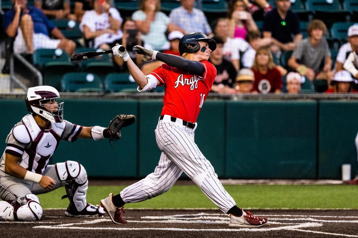 Conor Lillis hits during the 4A UIL baseball state final between Argyle and Sinton at on June 09, 2022.