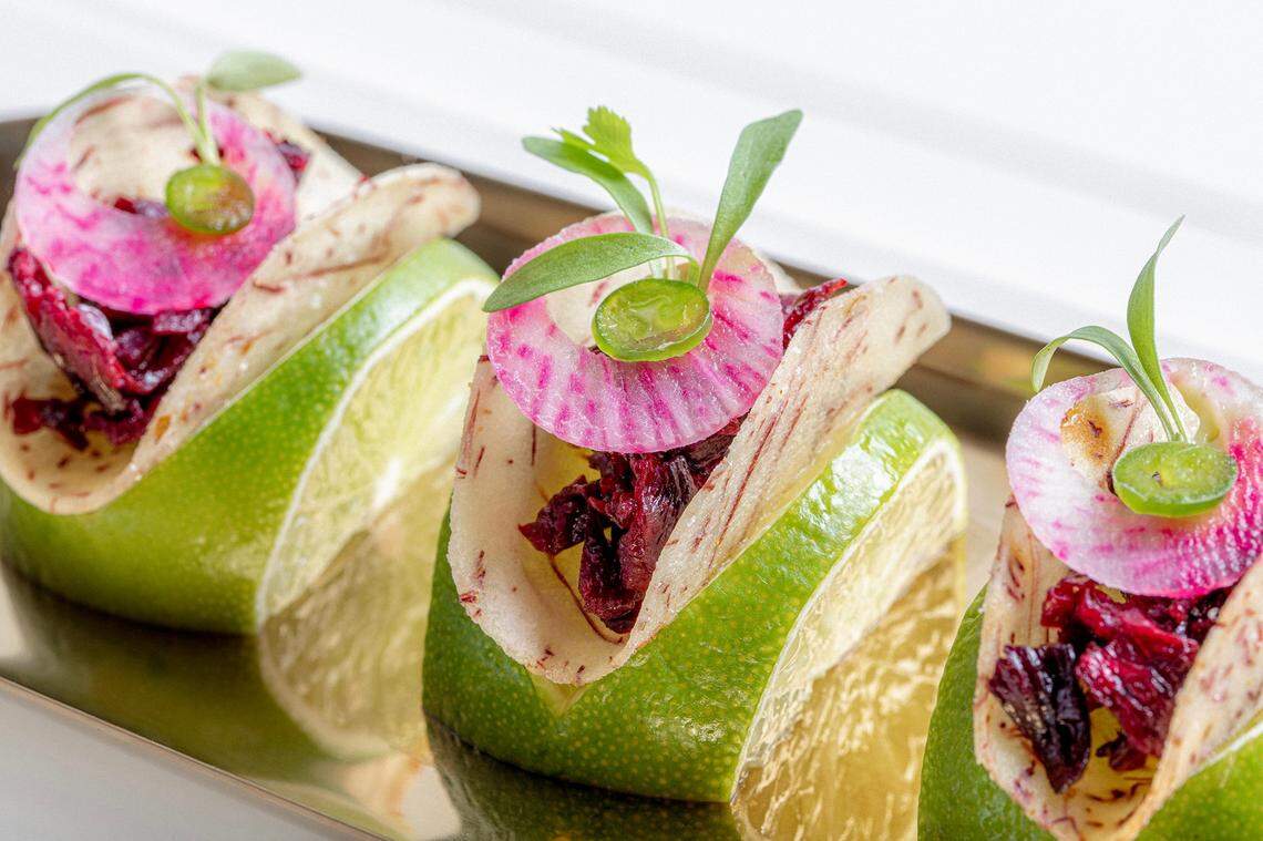 Taro “tacos” from Wolfgang Puck Catering