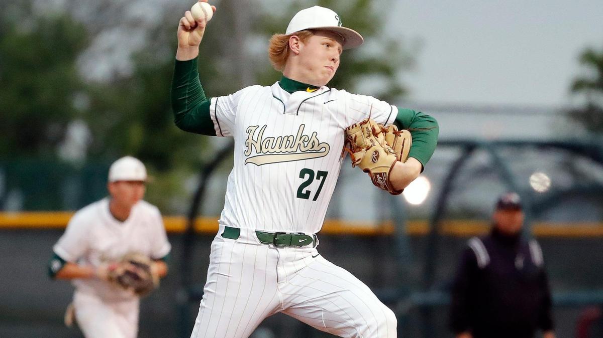Birdville pitcher Parker Hutyra (27) works in the first inning in a district 6-5A baseball game at Birdivlle High School in North Richland Hills, Texas, Tuesday, Apr. 19, 2022. Denton defeated Birdville 5-1. (Special to the Star-Telegram Bob Booth)