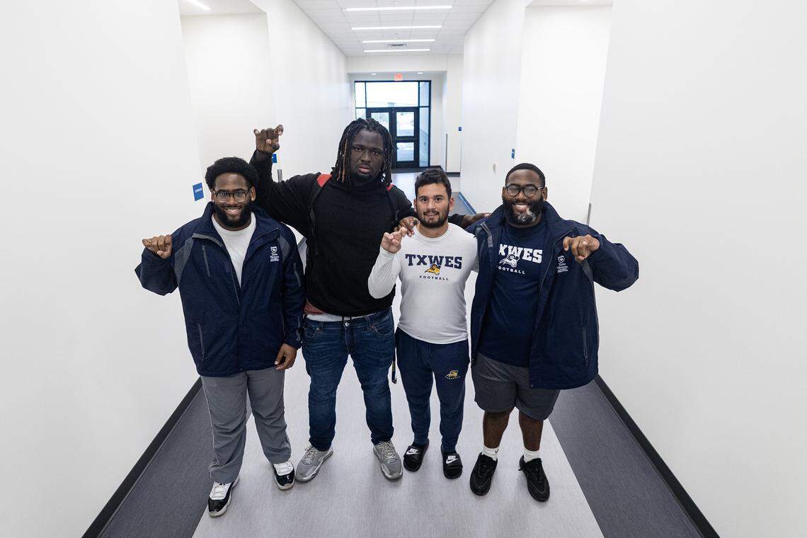 Texas Wesleyan football players, from left, Isaiah Hugie, Saul Stevenson, Ben Flores and Josiah Hugie at the new Moritz Fieldhouse at Texas Wesleyan University.