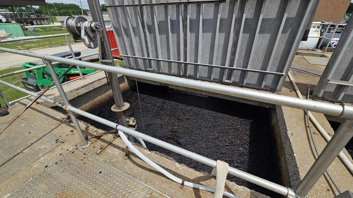 Crude oil floats on top of the water in a fats, oils and greases tank at the Village Creek Wastewater Treatment Plant on May 8, 2025.