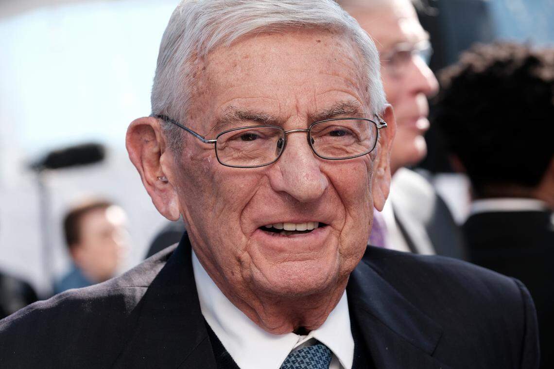 Billionaire philanthropist Eli Broad, arrives for a groundbreaking ceremony for The Grand, a long-delayed massive development in downtown Los Angeles on Monday, Feb. 11, 2019. (AP Photo/Richard Vogel)