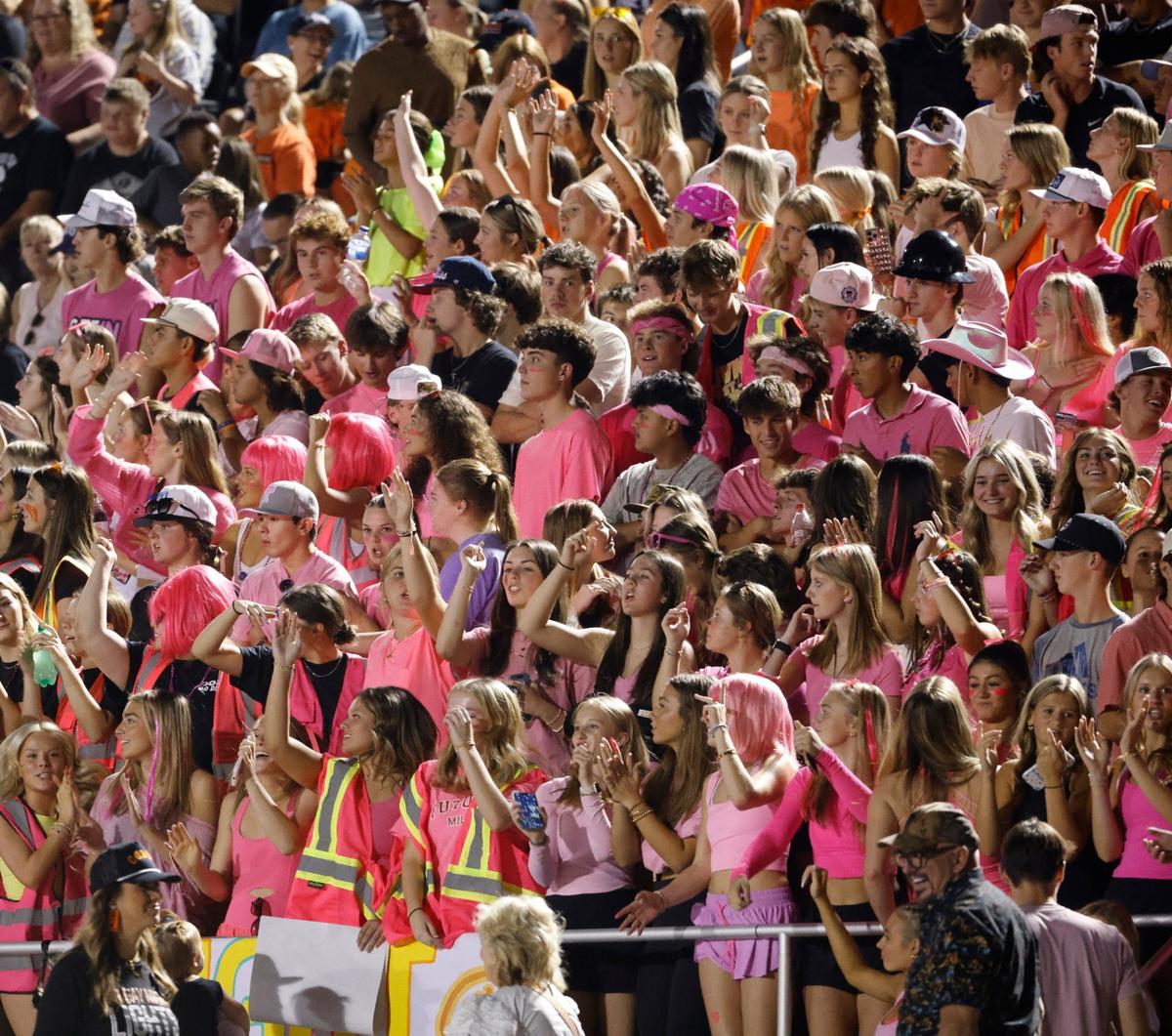 Aledo students Pink Out during a UIL football game at Buchanan Stadium in Aledo Texas, Friday, Oct. 04, 2024.