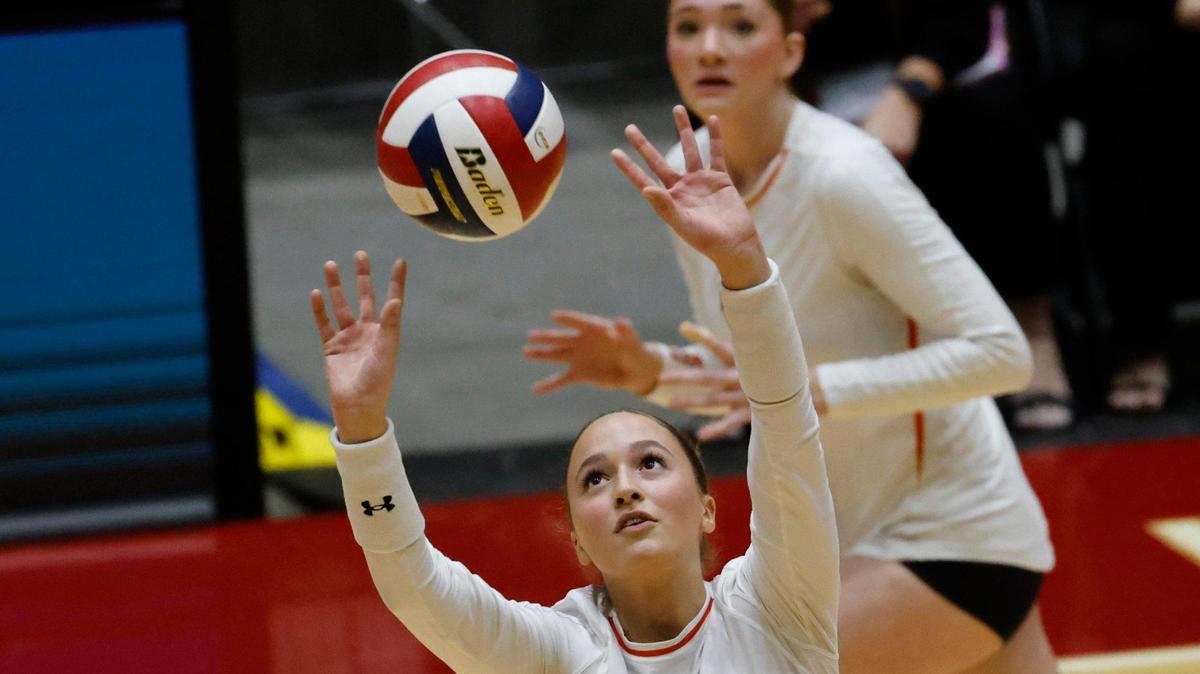 Aledo setter Ava Reding (6) sets the ball during a UIL 5A D1 semifinal volleyball match at Curtis Culwell Center in Garland Texas, Tuesday, Nov. 19, 2024.