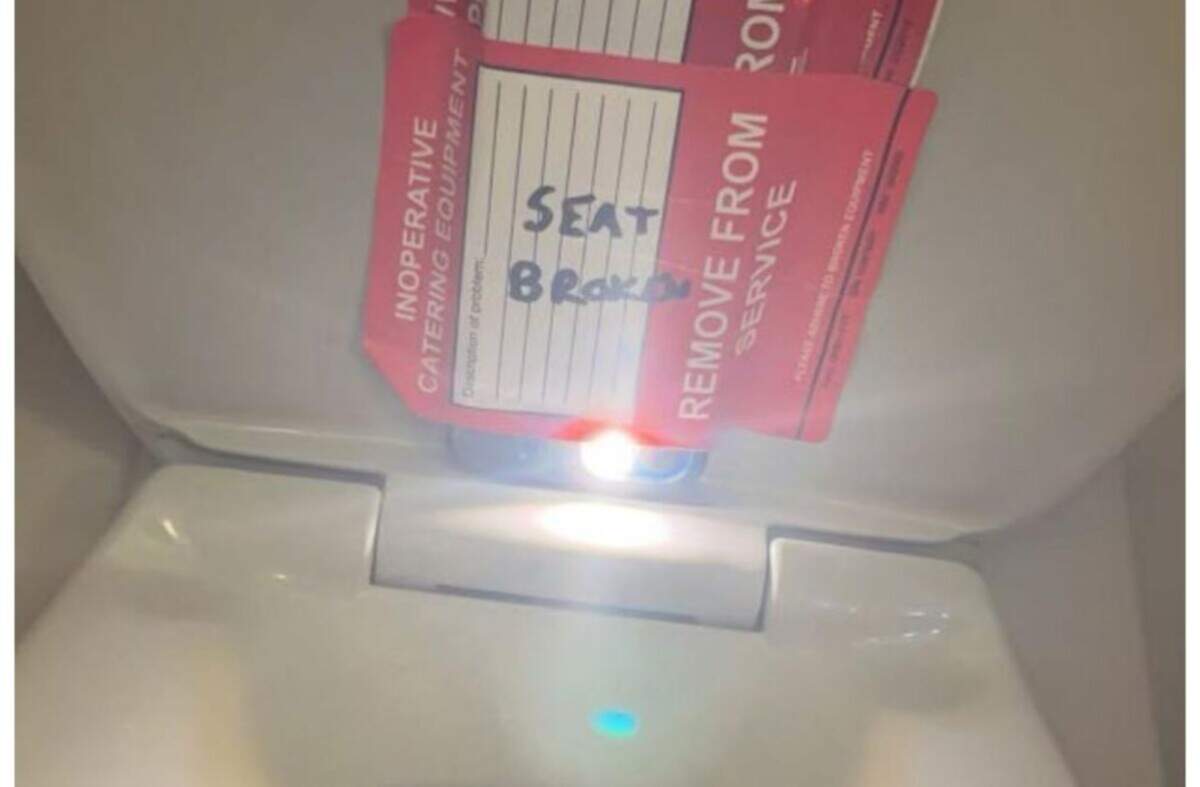 A family of a 14-year-old girl alleges in a lawsuit that she found a cell phone taped to a toilet seat with the camera flash on after she used the restroom on a flight from Charlotte to Boston. This photo is from the lawsuit, filed Friday, Dec. 1, 2023, in U.S. District Court in Charlotte, North Carolina.