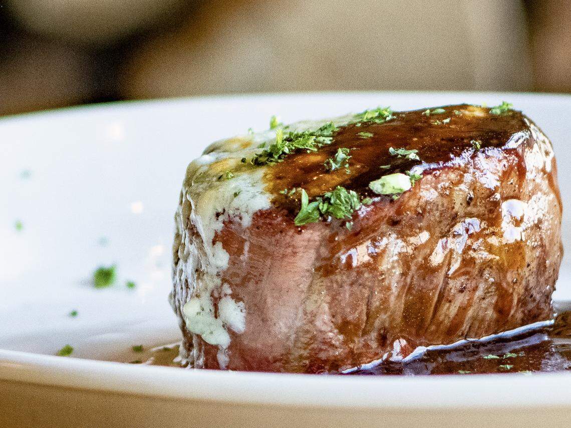 A prime filet with blue cheese and a red-wine demi-glace at Broadway 10 steakhouse.