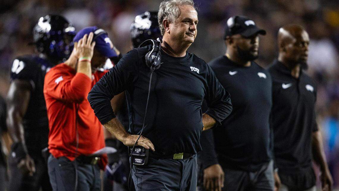 TCU Head Coach Sonny Dykes reacts to a penalty in the second half of a Big XII conference game between the TCU Horned Frogs and the West Virginia Mountaineers at Amon G. Carter Stadium in Fort Worth on Saturday, Sept. 30, 2023. The Horned Frogs lost 24-21.