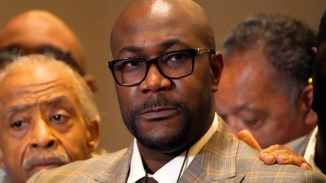 Philonise Floyd, brother of George Floyd, reacts during a news conference after the verdict was read in the trial of former Minneapolis Police officer Derek Chauvin, Tuesday, April 20, 2021, in Minneapolis.
