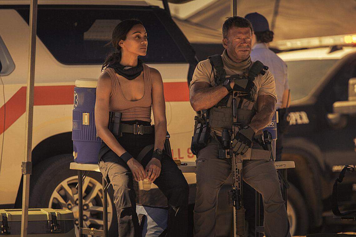 (L-R) Zoe Saldana as Joe and Taylor Sheridan as Cody in “Lioness,” episode 1, season 2, streaming on Paramount+, 2024.
