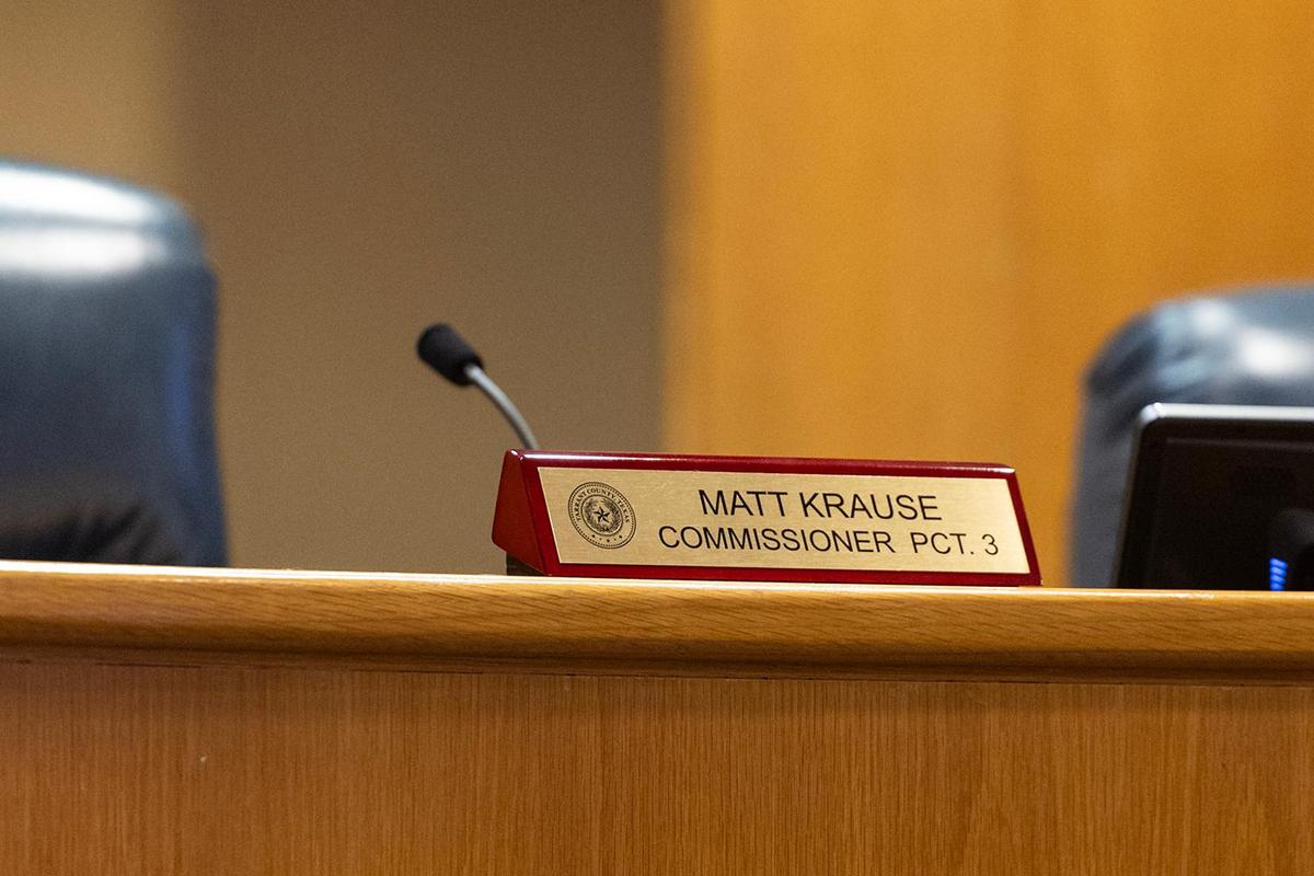 The seat of Matt Krause of County Precinct 3 remains empty during a Commissioners Court Meeting at the Tarrant County Administration Building in Fort Worth on Tuesday, May 6, 2025.