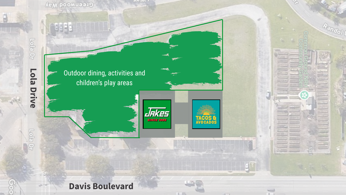 An aerial view of the project, showing the large outdoor space and the location of the two restaurants.