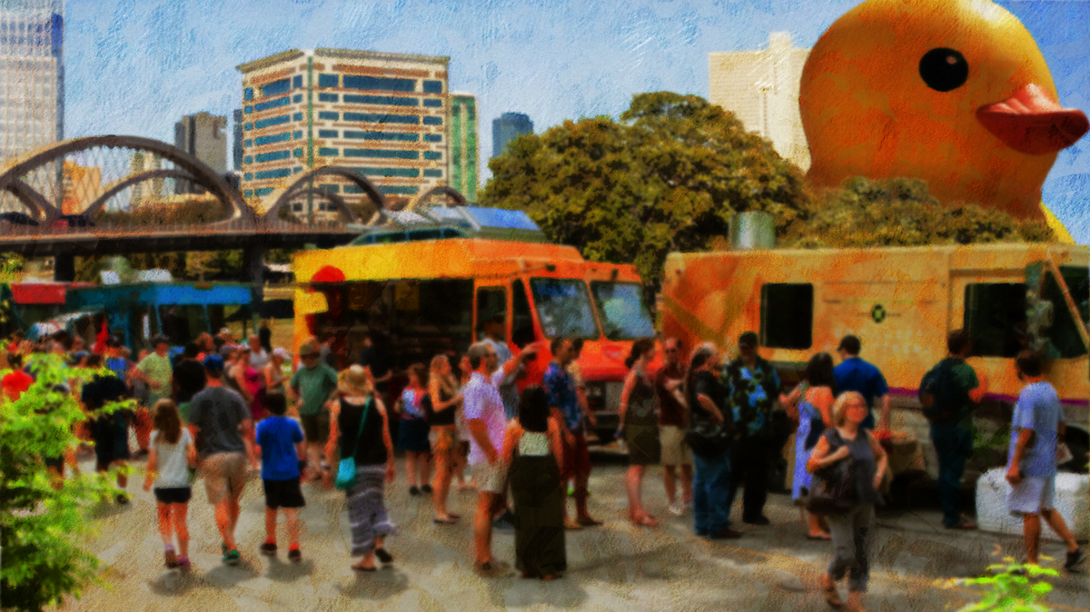 An artist rendering of The Big Kindness Duck Party, scheduled for Oct. 30 at Trinity Park in Fort Worth.
