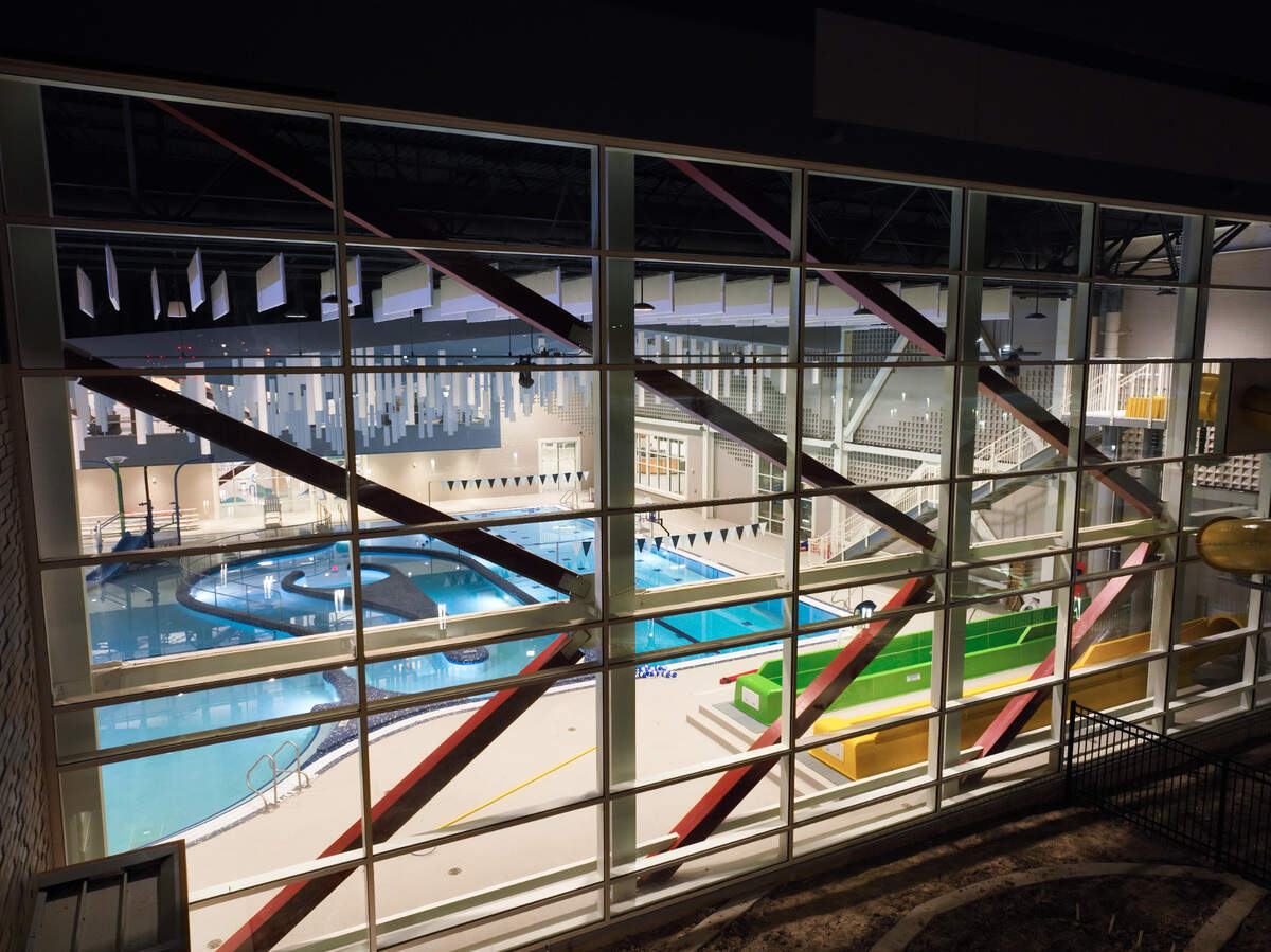Pool seen at night.