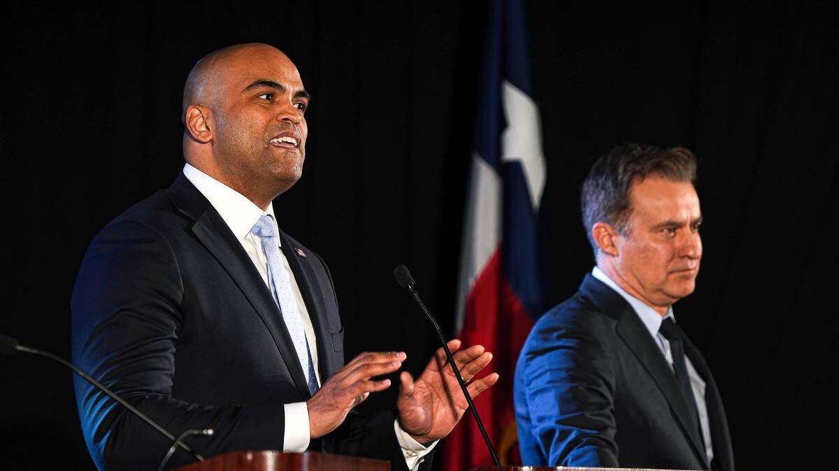U.S. Rep. Colin Allred and Senator Roland Gutierrez during the Texas AFL-CIO COPE U.S. Senate Democrat Debate on Sunday, Jan. 28, 2024 in Austin, Texas.