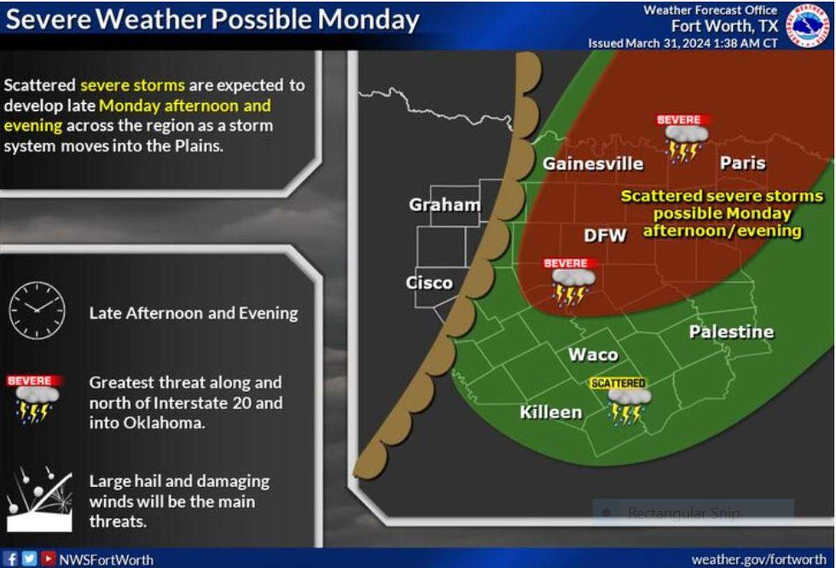 Scattered severe thunderstorms are expected late Monday afternoon into the evening hours. This threat will be greatest north of I-20, but isolated severe storms could develop anywhere in North Texas. Large hail and damaging winds will be the main threats.