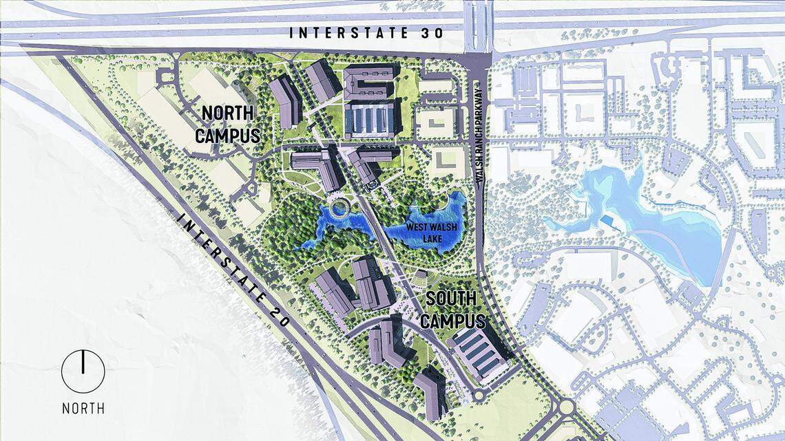 A birds eye view rendering of the future UTA West Campus in far west Fort Worth.