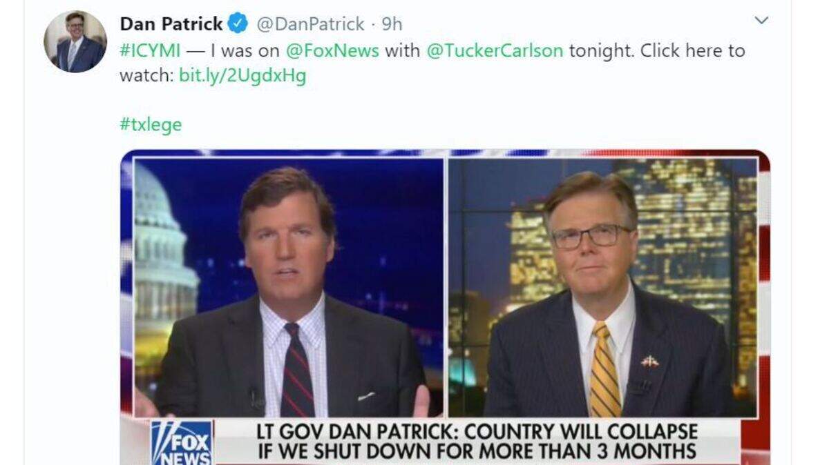 Texas Lt. Gov. Dan Patrick said he would risk the coronavirus to get the economy moving again.