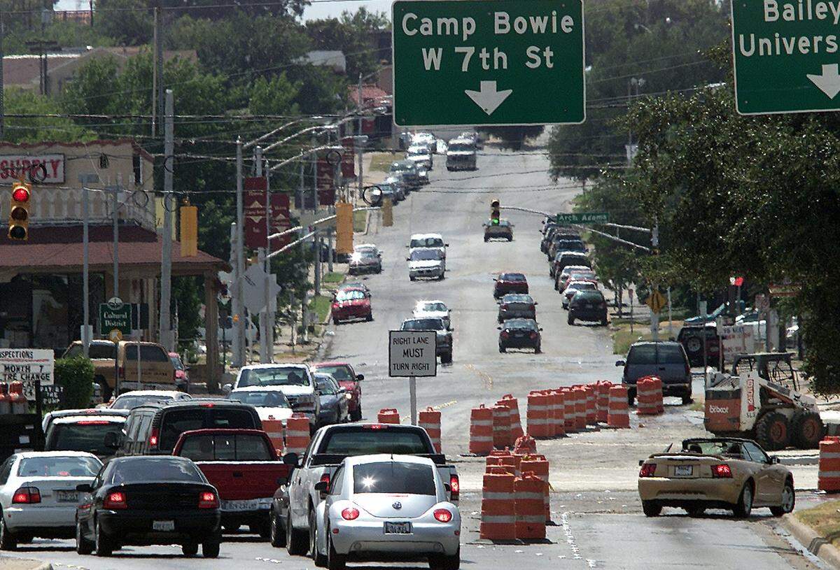 July 27, 2001: Construction continues at the Fort Worth five-point intersection of West Seventh Street, Camp Bowie Boulevard, Bailey Avenue and University Drive.