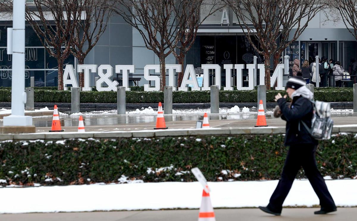 Patches of snow remain from a mostly cleared AT&T Stadium on Friday, Jan. 10, 2025, in Arlington. The Cotton Bowl kicks off at 6:30 p.m. on Friday.
