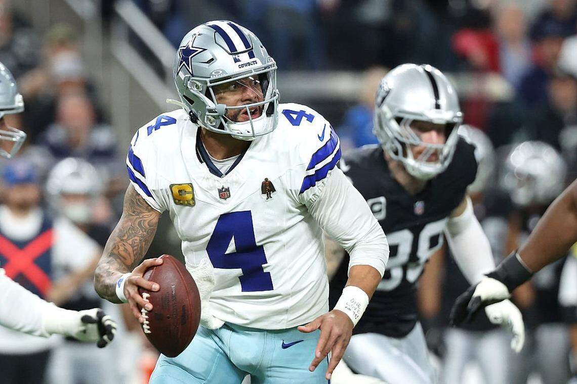 LAS VEGAS, NEVADA - NOVEMBER 17: Dak Prescott #4 of the Dallas Cowboys looks to pass against the Las Vegas Raiders during the first quarter at Allegiant Stadium on November 17, 2025 in Las Vegas, Nevada. (Photo by Ian Maule/Getty Images)