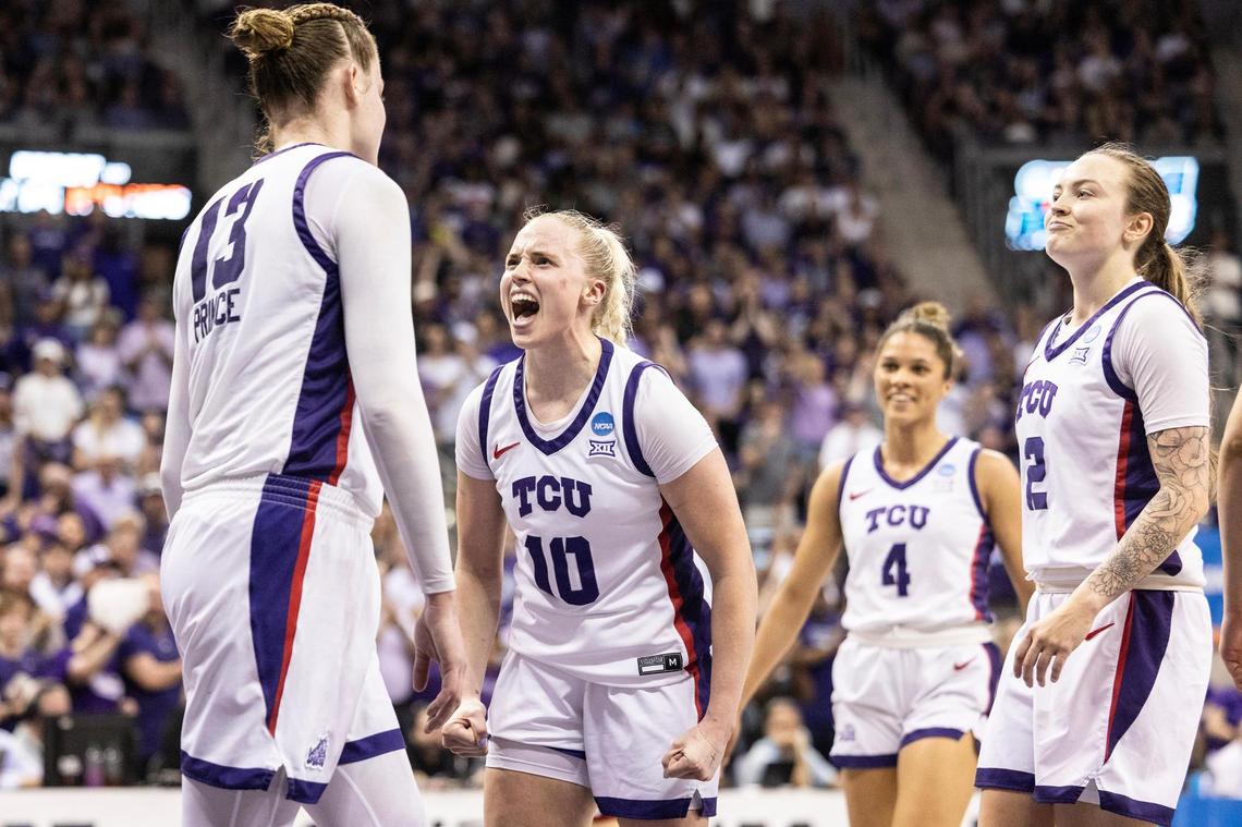 TCU guard Hailey Van Lith (10) celebrates with center Sedona Prince (13) after drawing an offensive foul in the first half of the second round of the Women’s NCAA Championships Tournament game between TCU and Louisville at Schollmaier Arena in Fort Worth on Sunday, March 23, 2025.