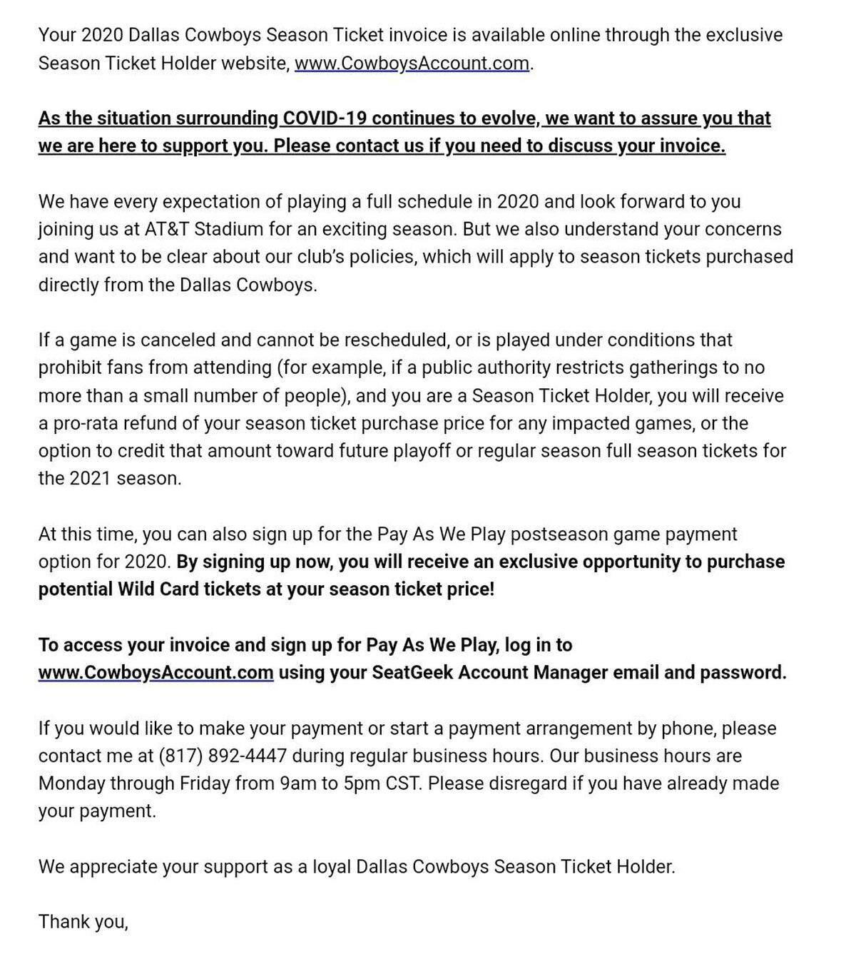 Here is a copy of the email sent from the Dallas Cowboys to season-ticket holders on Thursday.