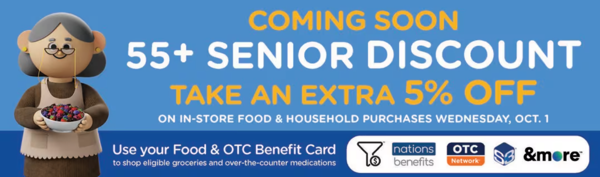 Kroger is offering a five percent off discount for shoppers who are 55 years and older.