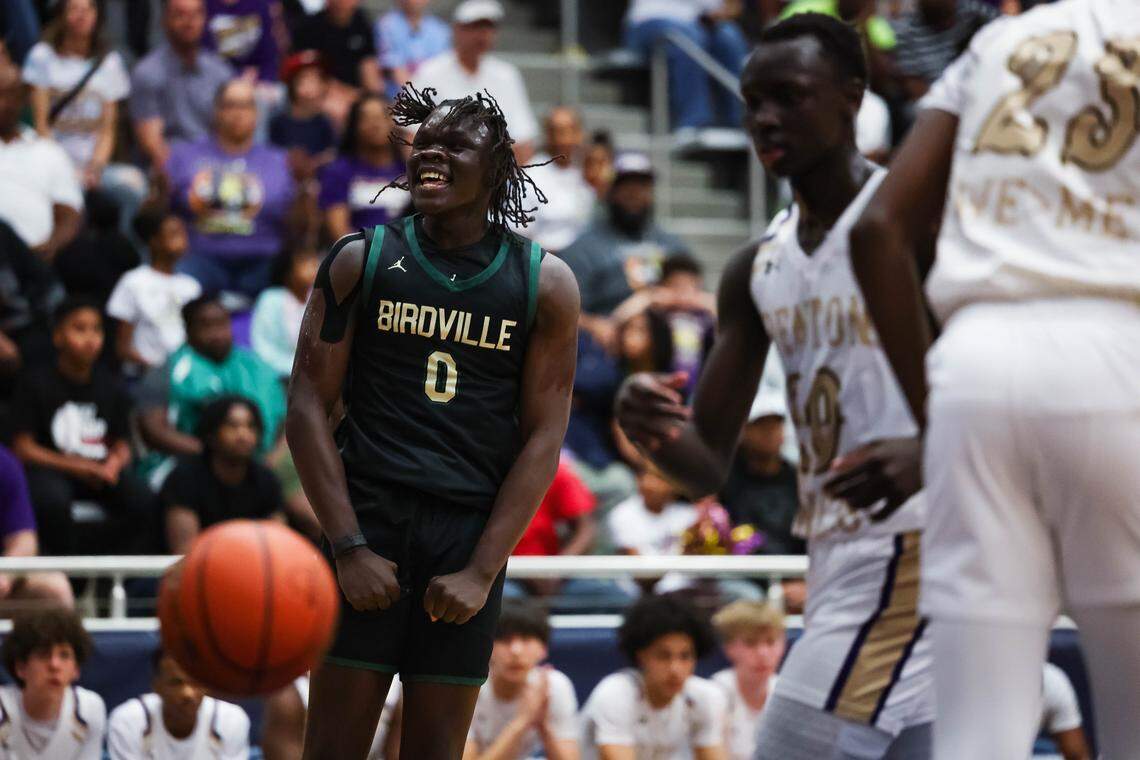 Birdville forward Gabriel Zachariah (0) screams in celebration after making a basket against Denton in a UIL Class 5A Division I regional final at Flower Mound High School in Flower Mound, Texas, Friday, March 6, 2026.