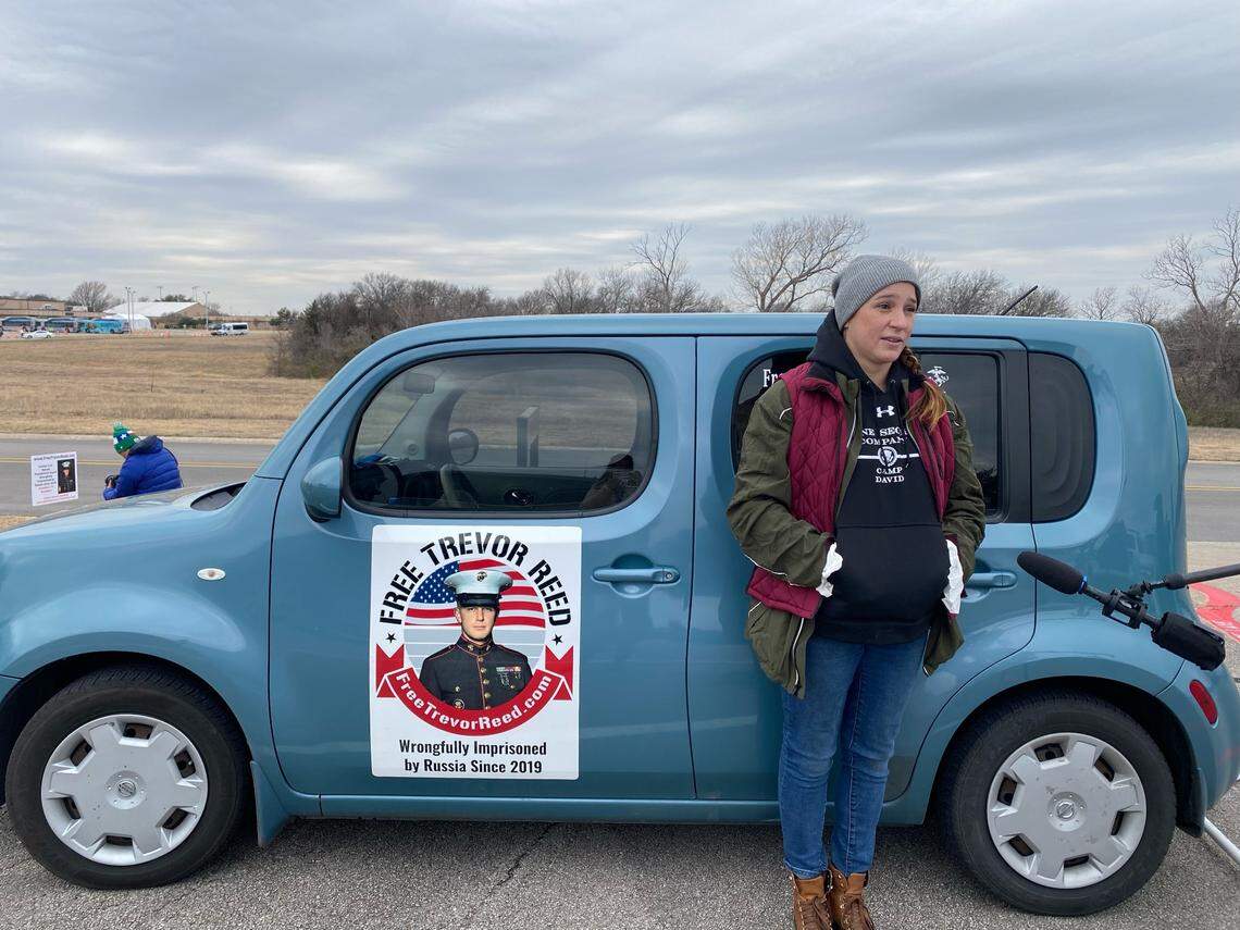Taylor Reed, sister of Trevor Reed, waits outside the Tarrant County Resource Connection in Fort Worth, Texas on Tuesday, March 8, 2022, hoping to speak with President Joe Biden about her brother’s imprisonment in Russia.