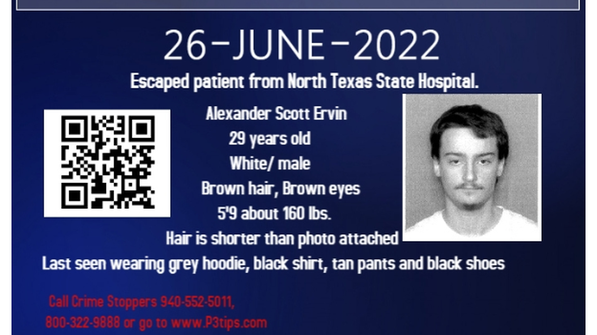 Alexander Ervin escaped from the North Texas State Hospital in Vernon and has not been found.