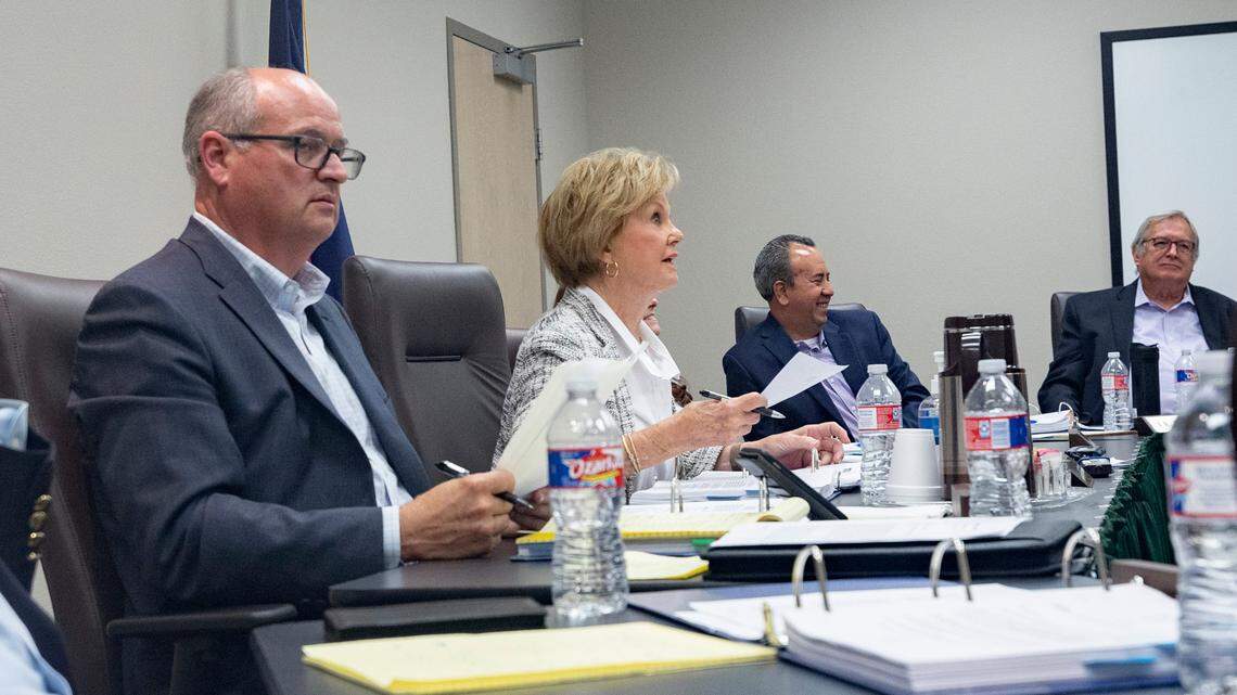 Board chair Kathryn Wilemon, sitting behind a table with other members of the Tarrant Appraisal District, responds to public comment during a meeting on Thursday, June 30, 2022. “It’s been a hard day. It’s been a hard day for all of us,” said Wilemon, after more than three hours of public comment.