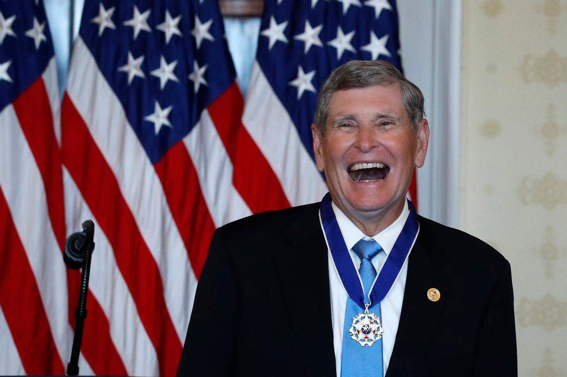 Jim Ryun reacts after President Donald Trump presented the Presidential Medal of Freedom to Ryun, in the Blue Room of the White House, Friday, July 24, 2020, in Washington. (AP Photo/Alex Brandon)
