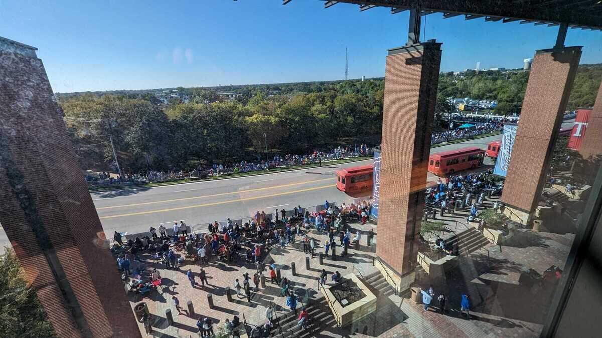 Crowds along the Rangers victory parade route around mid-morning Friday in Arlington