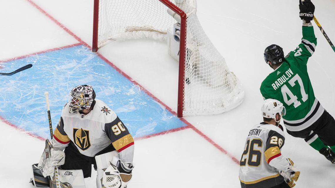 Dallas Stars’ Alexander Radulov (47) celebrates after he scored on Vegas Golden Knights goalie Robin Lehner during overtime in Game 3 of the Western Conference Final on Thursday in Edmonton, Alberta. The Stars won 3-2 to take a 2-1 series lead.