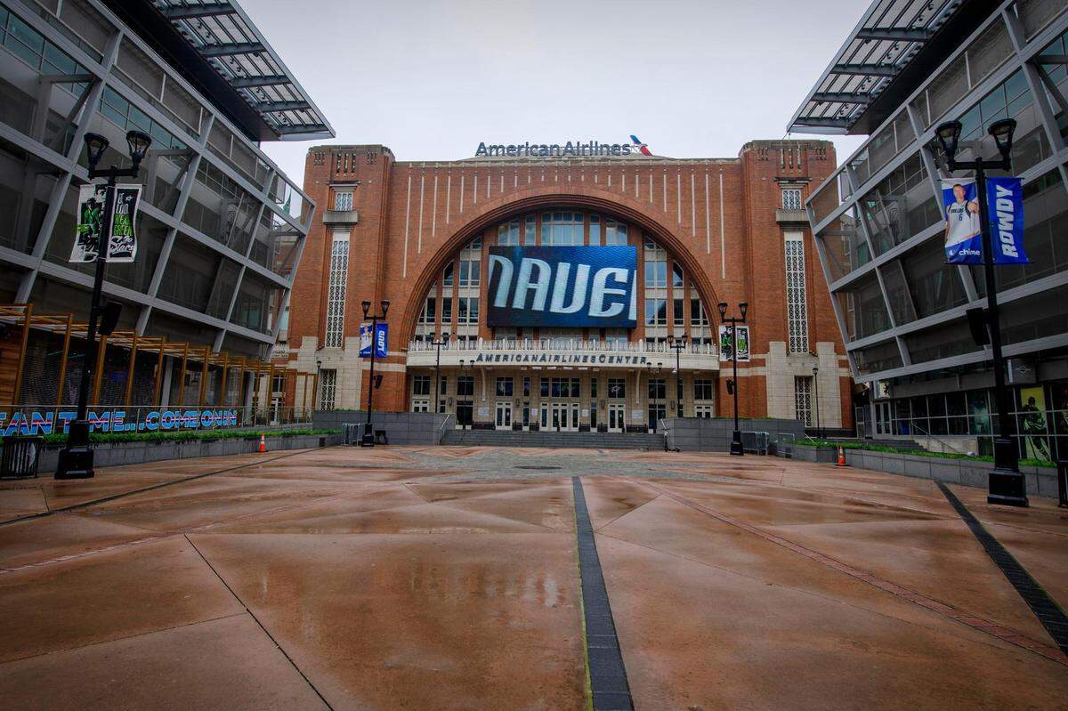 A view of the plaza outside of the American Airlines Center, home of the NBA Dallas Mavericks and NHL Dallas Stars, on March 14, 2020, in Dallas.