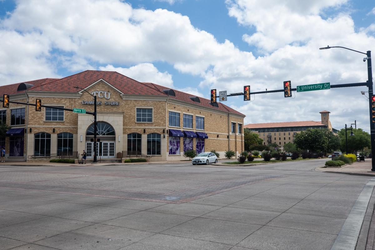 The TCU Campus Store at the corner of South University Drive and West Berry Street on Monday, July 29, 2024. TCU is aiming to transform the corridor into Fort Worth’s “place to be.”