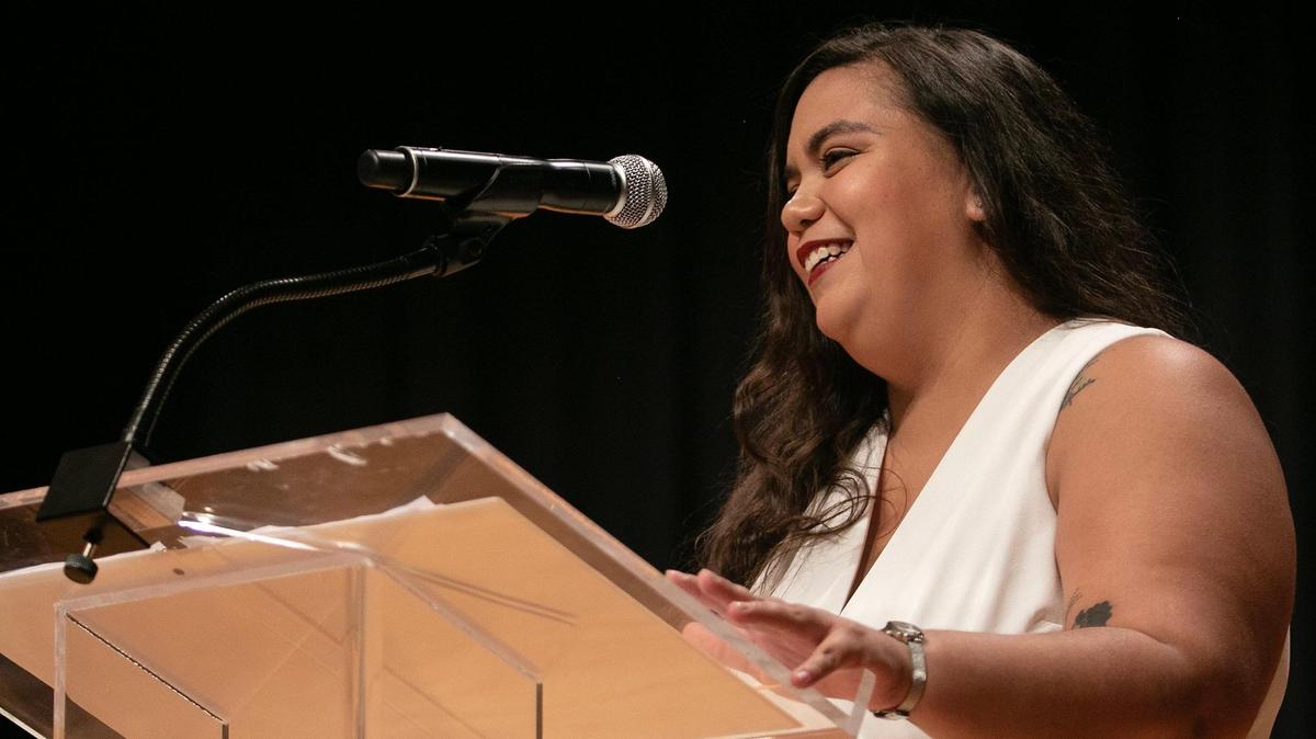 Sofia Pimienta speaks at the graduation ceremony for the United Way of Tarrant County’s Community Doula Program in October 2024 at Southwestern Baptist Theological Seminary. Pimienta had the support of a doula during her second pregnancy and wants to provide that support to others.