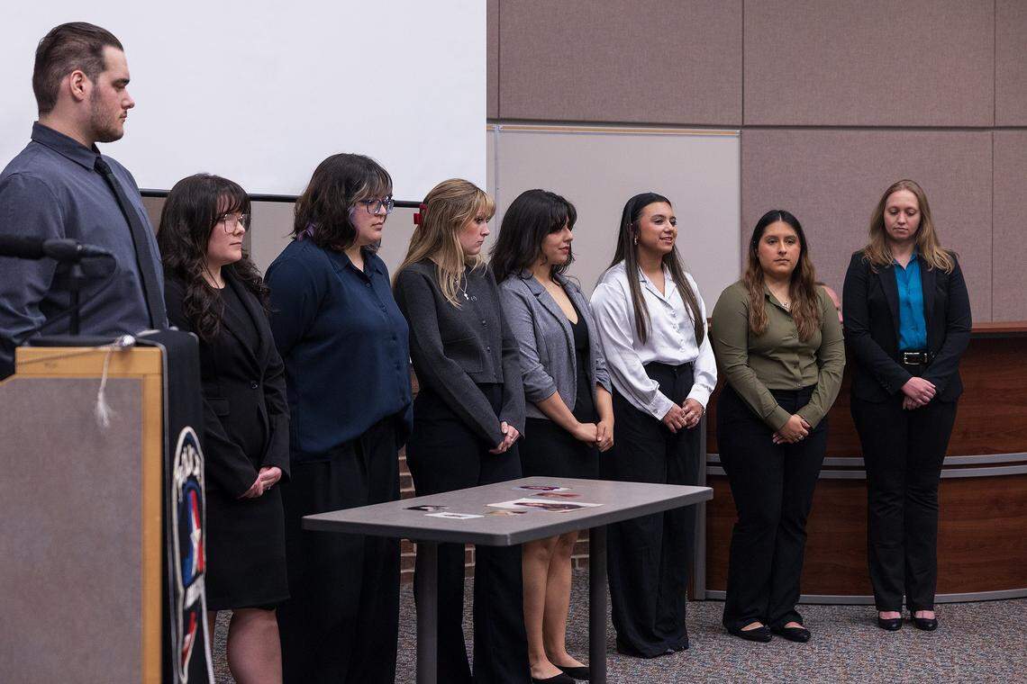 University of Texas at Arlington students are recognized for their work in obtaining an arrest in a 1991 cold case during a press conference on Monday, Nov. 17, 2025. The Department of Criminology & Criminal Justice partnered with the Arlington Police Department to allow students to review cold case files.