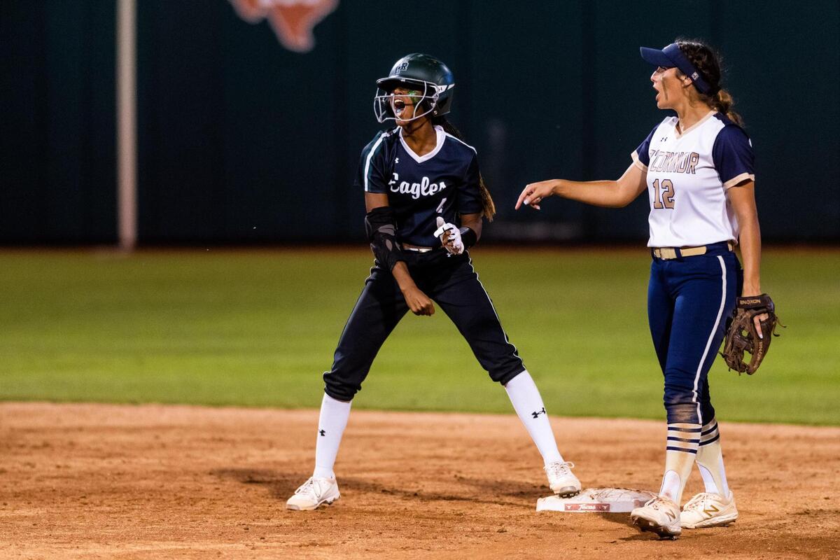 Kassidy Chance celebrates after a double during the 6A UIL State Softball Final between Lake Ridge and Northside O’Conner in Austin Texas, on June 4th, 2022.