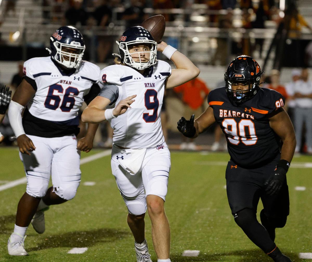Denton Ryan quarterback Quin Henigan (9) throws to the sidelines pursued by Aledo defensive tackle Tymon Meeks (90) during a UIL football game at Buchanan Stadium in Aledo Texas, Friday, Oct. 04, 2024.