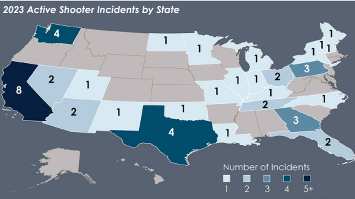 Color coded map from the FBI’s 2023 report of active shooting incidents laying out the states with the most events.