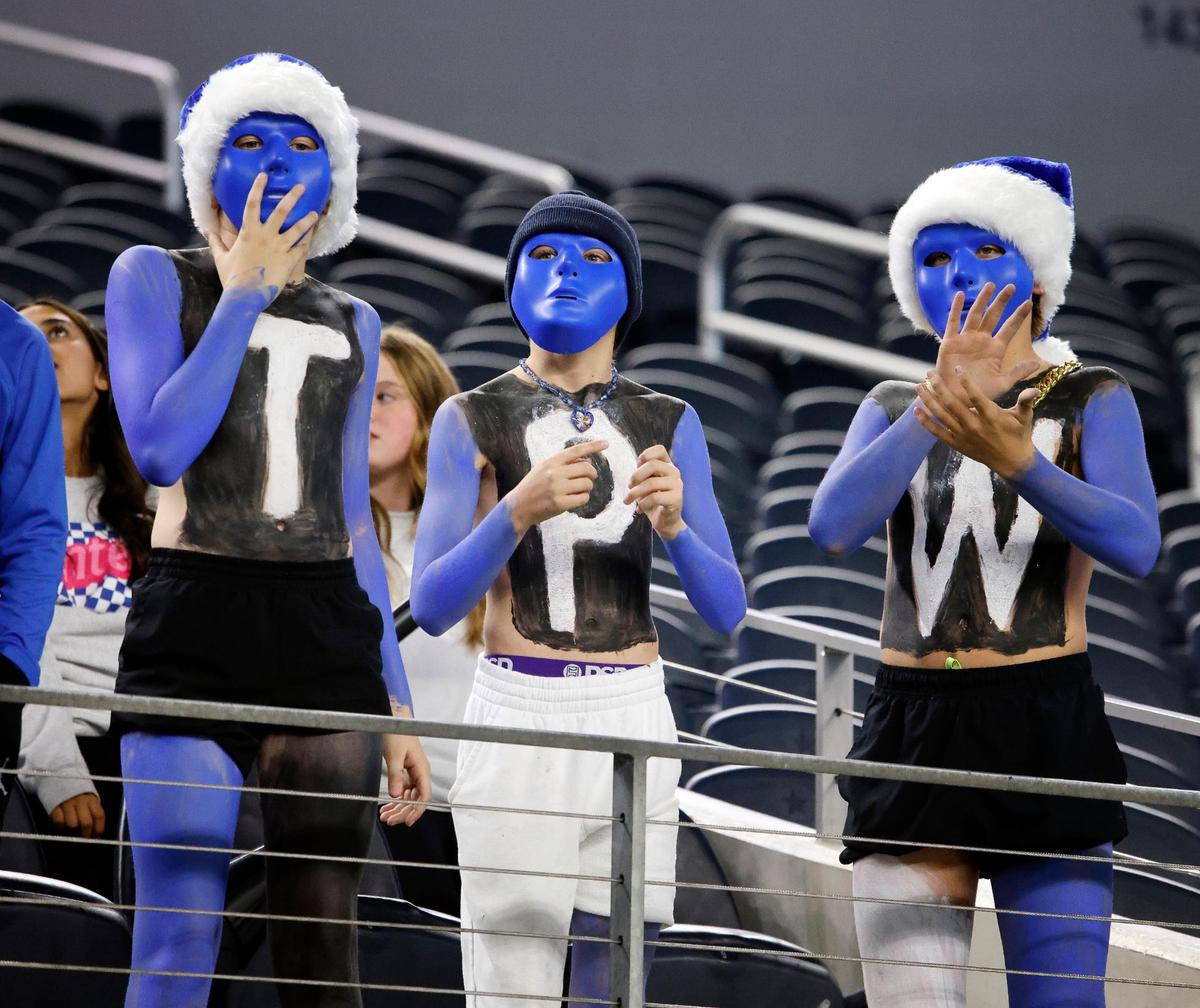 Gunter fans make the statement that tough people win during the first half of the UIL Conference 3A Division 2 state championship football game at AT&T Stadium in Arlington, Texas, Thursday, Dec. 14, 2023.